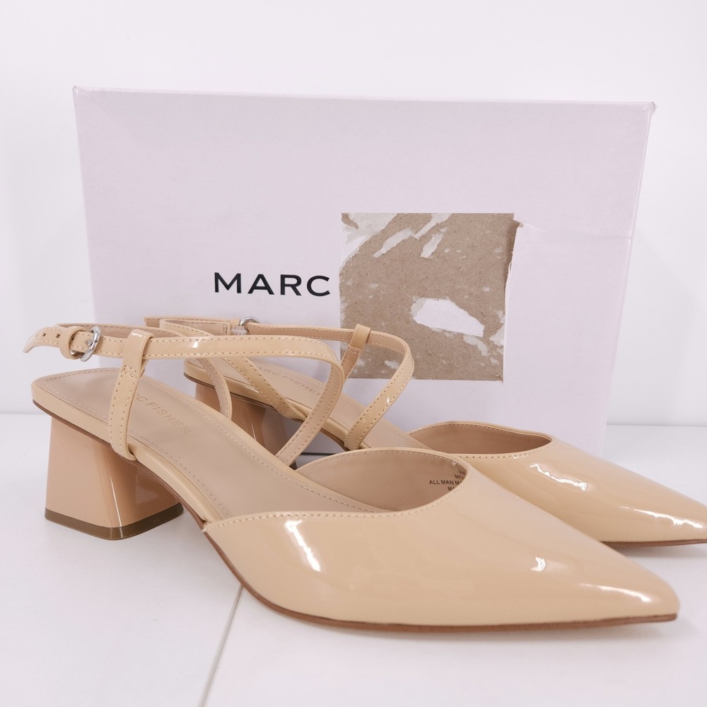 Marc Fisher Loya Ankle Pointed Toe Block Heel Light Natural Sandals Womens 9 M